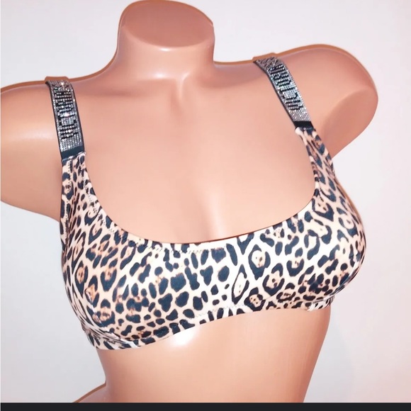 Victoria's Secret Other - Victoria Secret Swim Bikini Sz Lg Top ONLY Leopard Shine Strap Gold V Bar